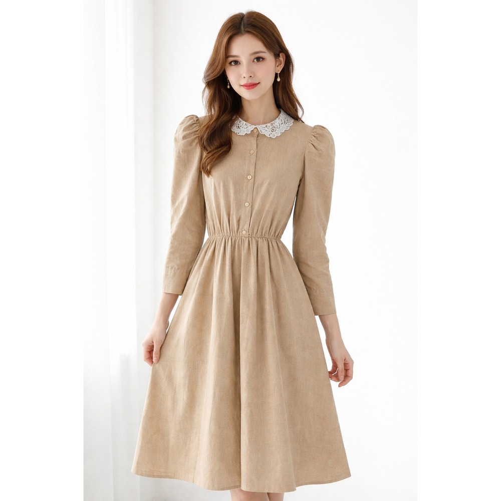 Vintage Brown Linen Midi Dress Lace Collar Puff 1/2 Sleeve Cottagecore‎ Small
